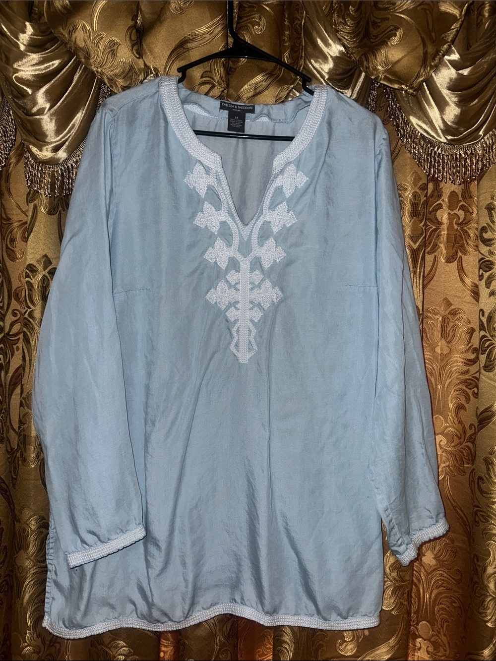 Chelsea & Theodore Pale Blue Embroidered V-Neck Tunic